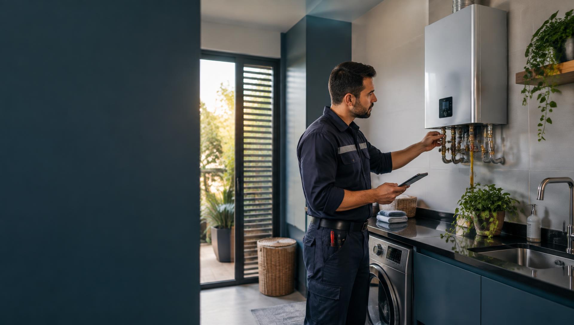 Técnico especializado avaliando um aquecedor a gás